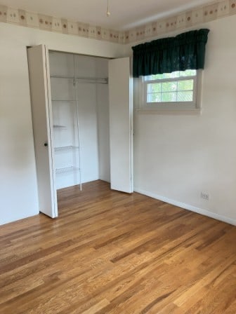 unfurnished bedroom featuring light wood-type flooring and a closet