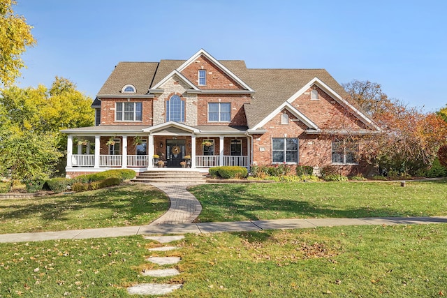 view of front of property featuring covered porch, brick siding, and a front yard