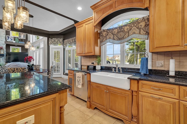 kitchen featuring stainless steel dishwasher, backsplash, dark stone counters, and a sink