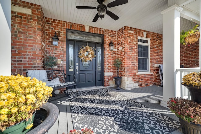 doorway to property with ceiling fan, a porch, and brick siding