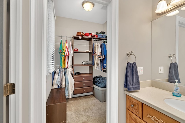 bathroom with vanity and a spacious closet