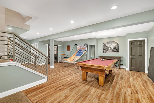game room featuring baseboards, billiards, light wood-style flooring, and recessed lighting