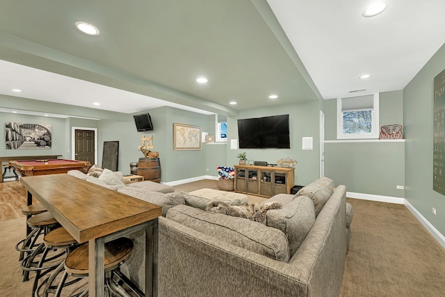 living area featuring carpet, recessed lighting, visible vents, billiards, and baseboards