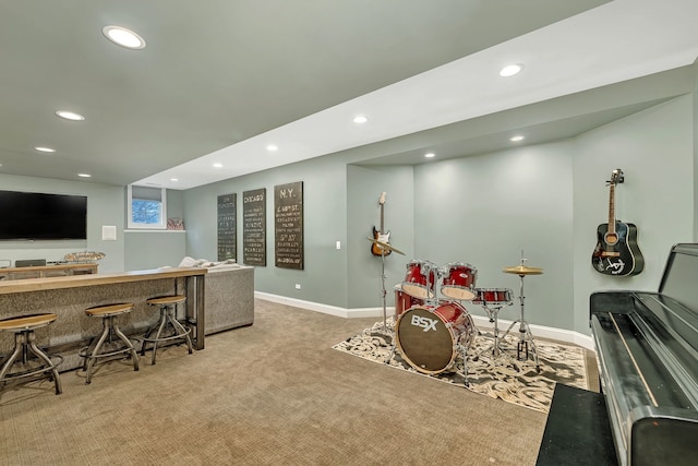 recreation room featuring baseboards, carpet flooring, and recessed lighting