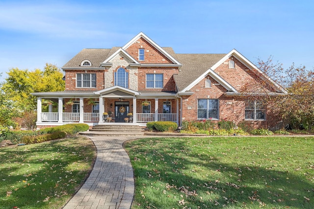 view of front of property with a porch, a front yard, and brick siding