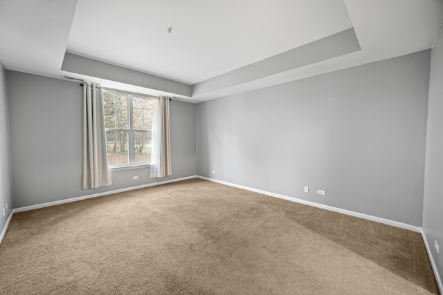 carpeted empty room with a raised ceiling