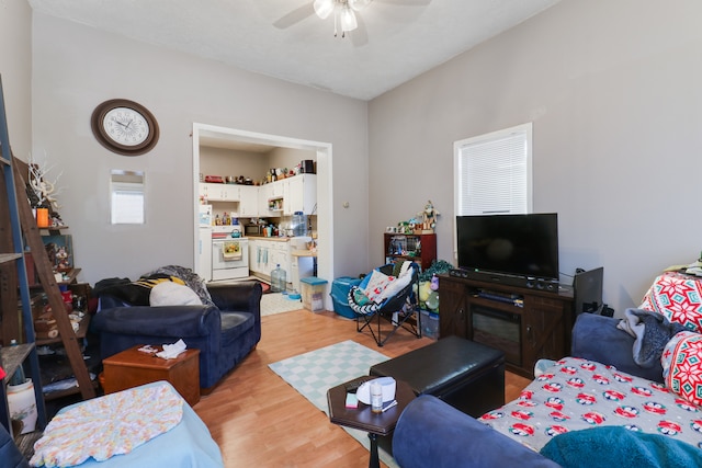 living room featuring light hardwood / wood-style floors and ceiling fan