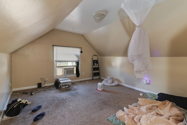 additional living space with cooling unit, carpet flooring, and vaulted ceiling