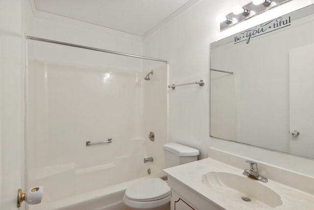 full bathroom featuring toilet, vanity, shower / washtub combination, and crown molding