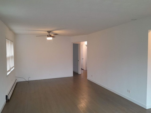 unfurnished room featuring a baseboard radiator, dark wood-type flooring, and ceiling fan