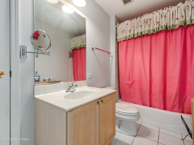 full bathroom with toilet, vanity, tile patterned flooring, and shower / bathtub combination with curtain