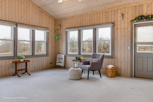 living area with vaulted ceiling, carpet flooring, heating unit, and a healthy amount of sunlight