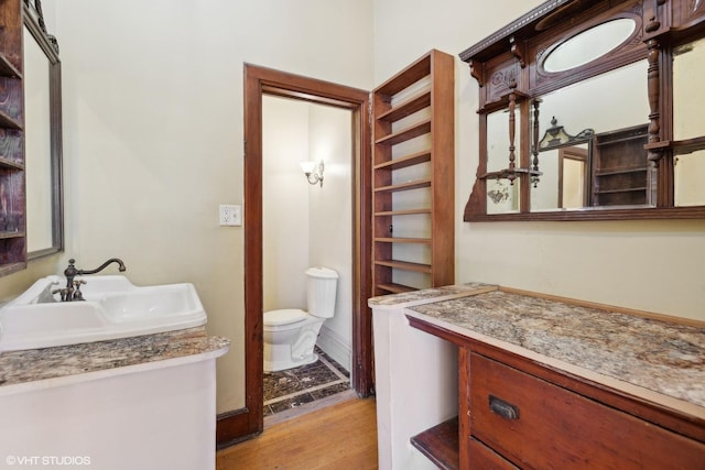 bathroom with wood-type flooring, toilet, and vanity