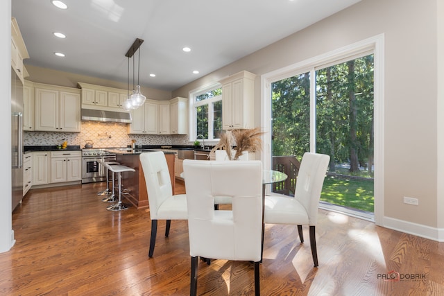 dining area with dark wood-type flooring and sink