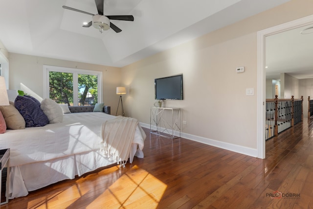 bedroom featuring dark wood-type flooring and ceiling fan