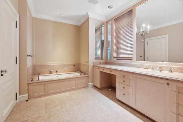 bathroom featuring a bath, a chandelier, vanity, and ornamental molding