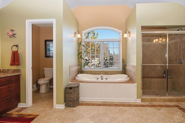 bathroom featuring tile patterned flooring, independent shower and bath, lofted ceiling, and toilet