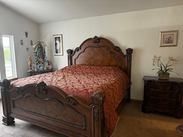 bedroom with dark carpet