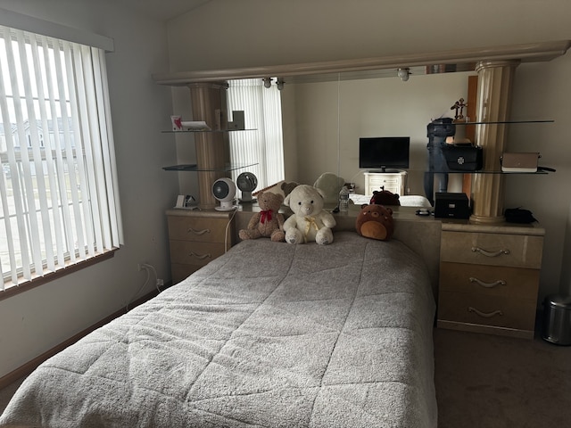 carpeted bedroom with multiple windows and vaulted ceiling