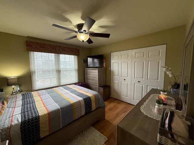 bedroom with a closet, light hardwood / wood-style flooring, and ceiling fan