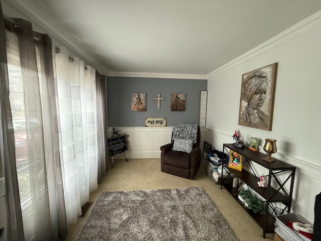 living area featuring light carpet, a wealth of natural light, and ornamental molding