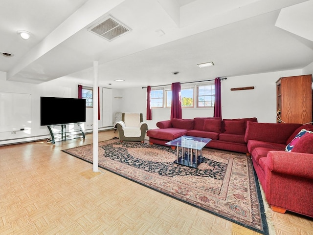 living room featuring light parquet floors