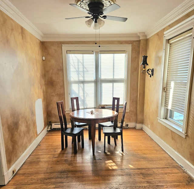 dining room featuring hardwood / wood-style floors, a baseboard radiator, and crown molding