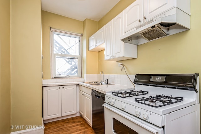 kitchen with dishwasher, white cabinetry, white range with gas cooktop, and sink