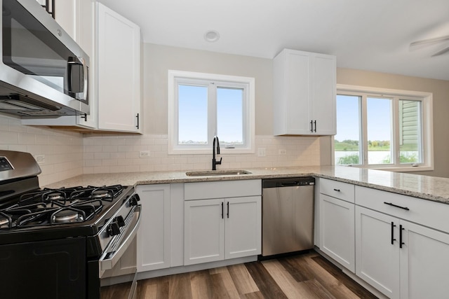 kitchen with dark wood finished floors, stainless steel appliances, plenty of natural light, white cabinetry, and a sink