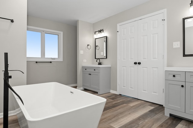 bathroom featuring a bath, wood-type flooring, and vanity