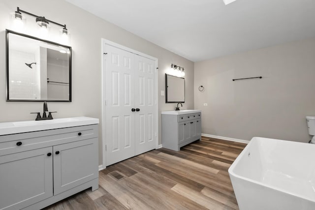 full bathroom featuring a sink, a shower, two vanities, and wood finished floors