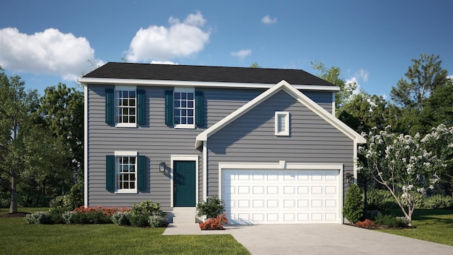 view of front of property featuring a garage and a front yard