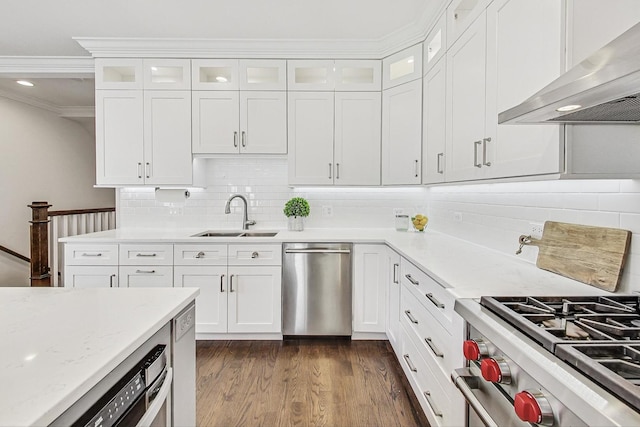 kitchen with sink, dark wood-type flooring, appliances with stainless steel finishes, white cabinets, and exhaust hood