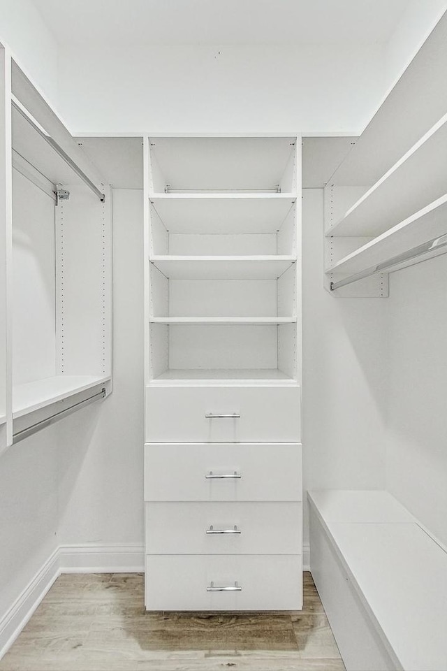 walk in closet with light wood-type flooring