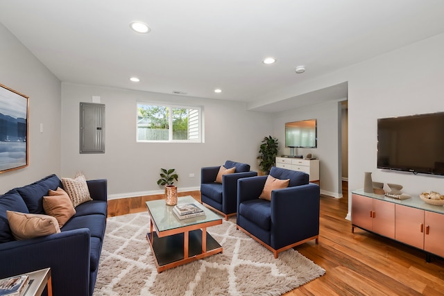 living room featuring light wood-type flooring and electric panel