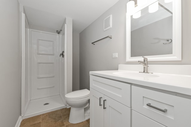 bathroom with tile patterned flooring, vanity, toilet, and a shower