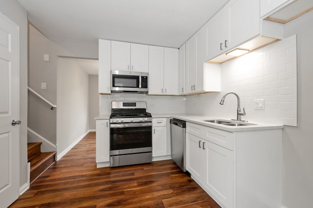 kitchen with white cabinetry, sink, dark wood-type flooring, and appliances with stainless steel finishes