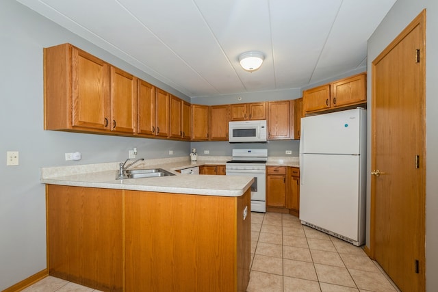 kitchen featuring kitchen peninsula, white appliances, sink, and light tile patterned floors