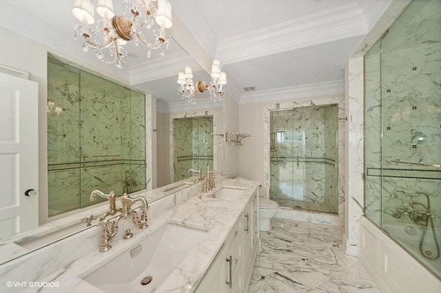 9715 Woods Dr Unit 1902, Skokie, IL 60077 - bathroom with a chandelier, toilet, a marble finish shower, double vanity, and a bathtub