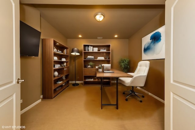 home office featuring light carpet