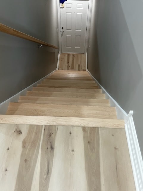 stairway with hardwood / wood-style floors