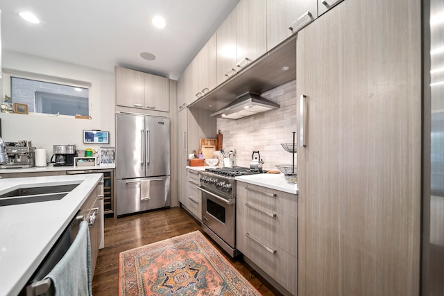 kitchen featuring dark wood-type flooring, tasteful backsplash, sink, and high end appliances