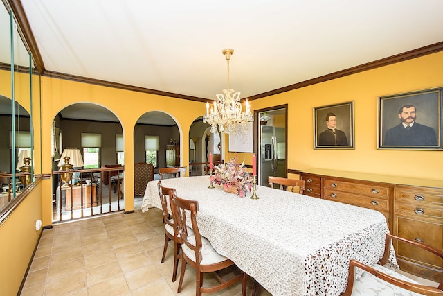 1385 Montgomery Dr, Deerfield, IL 60015 - dining area with arched walkways, a chandelier, ornamental molding, and light tile patterned floors