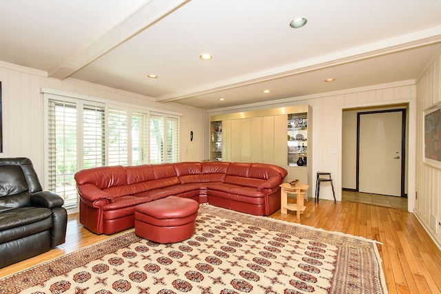 1385 Montgomery Dr, Deerfield, IL 60015 - living room with light wood finished floors, beamed ceiling, plenty of natural light, and a decorative wall