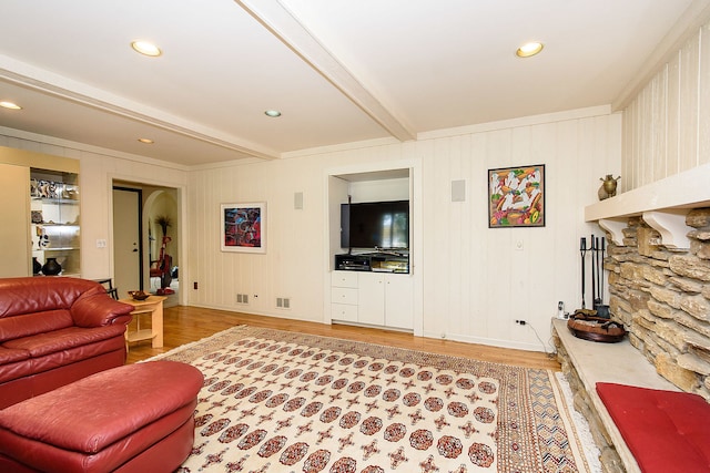 1385 Montgomery Dr, Deerfield, IL 60015 - living area featuring light wood finished floors, beamed ceiling, recessed lighting, and a large fireplace