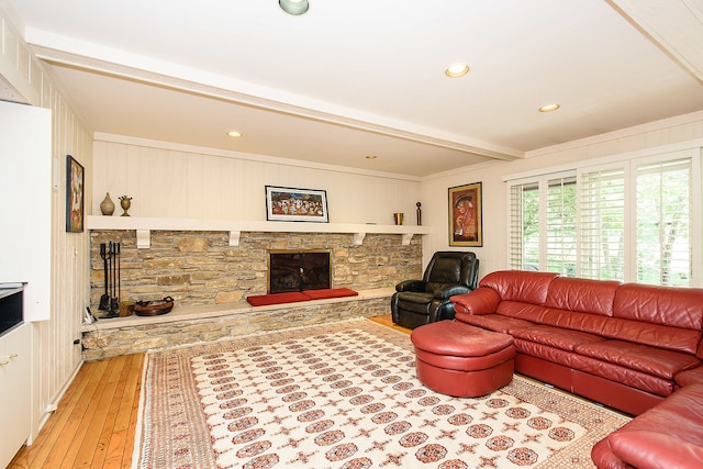 1385 Montgomery Dr, Deerfield, IL 60015 - living area with light wood-style flooring, a stone fireplace, beamed ceiling, and recessed lighting