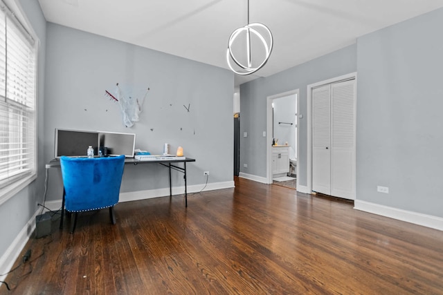 unfurnished office featuring dark wood-type flooring