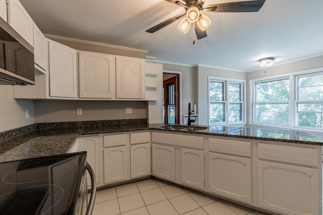 111 E 3rd St, Prophetstown, IL 61277 - kitchen with range with electric cooktop, a sink, ornamental molding, ceiling fan, and light tile patterned flooring