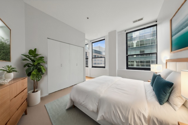 bedroom featuring light colored carpet and a closet