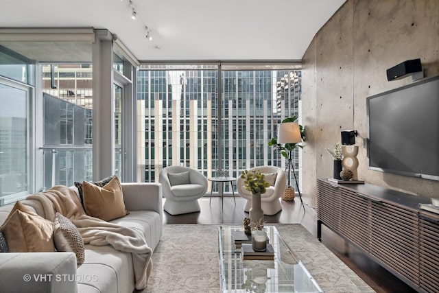 living room featuring hardwood / wood-style flooring, floor to ceiling windows, and track lighting